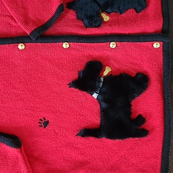 Vtg Crystal-Kobe Red Cardigan Button-up Sweater Black Scottish Terriers Wmns XL - Picture 4 of 13